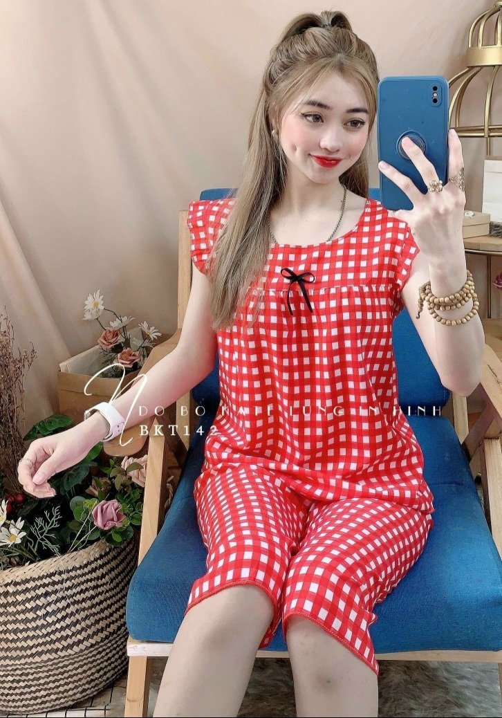 Đồ bộ mặc nhà kate lụa caro dễ thương