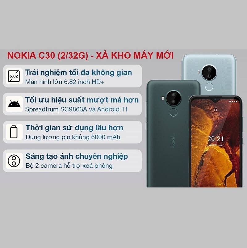 (Xả kho máy mới 100%) Điện thoại Nokia C30 2/32GB pin 6000mAh- Hàng chính hãng, Nguyên Hộp