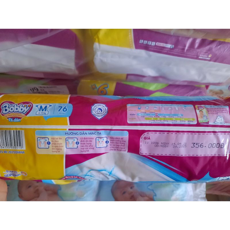 Tã dán bobby mẫu mới size M 76 miếng tặng thêm 6 miếng tả quần  cho bé 6-11kgtã bobby dán size L 68 miếng cho bé 9-13kg