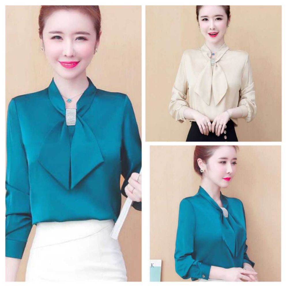 Áo sơ mi công sở nữ cổ nơ phối phụ kiện cao cấp