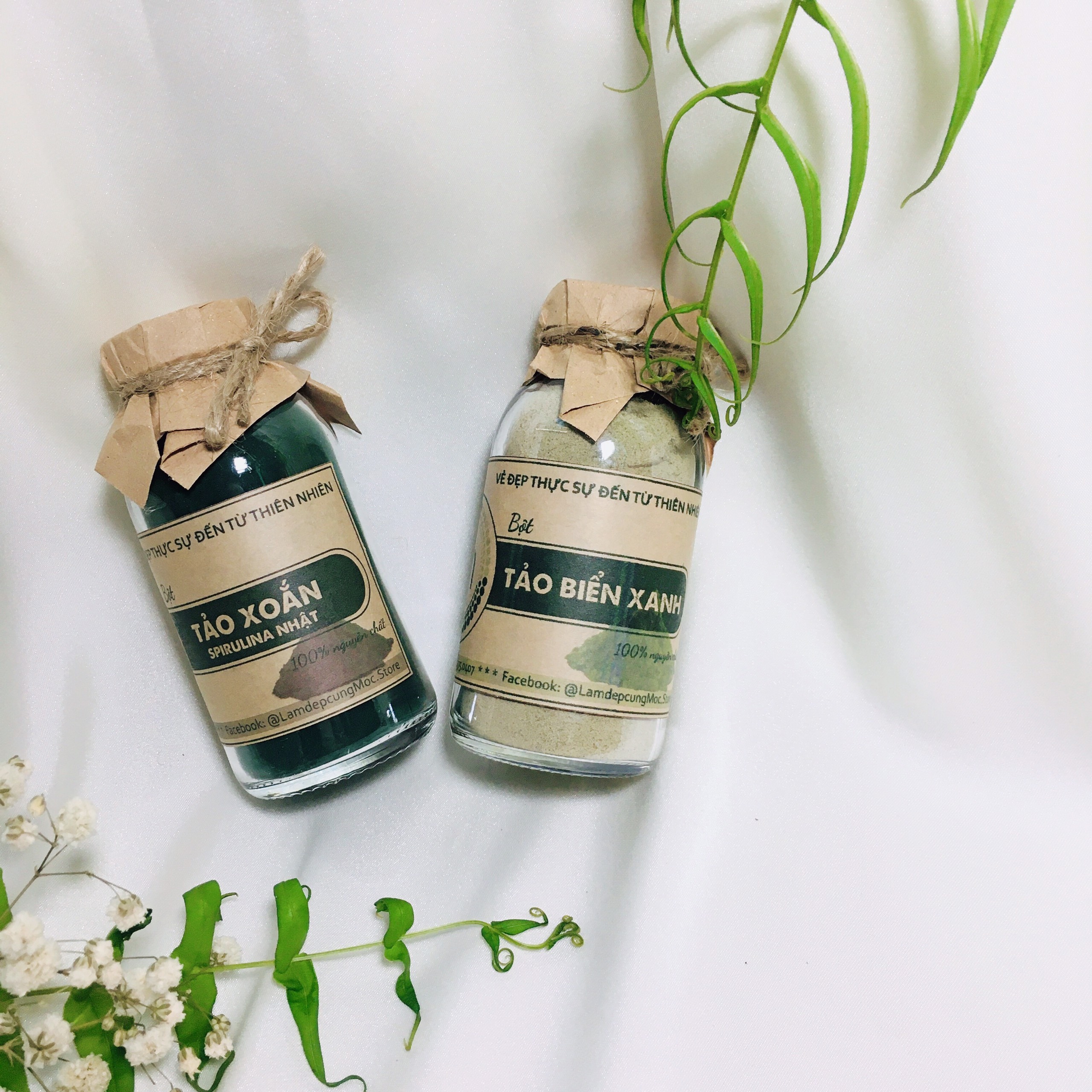 Bột mặt nạ Tảo Xoắn Spirulina Nhật bản MỘC nguyên chất dưỡng ẩm trắng da ngăn ngừa mụn làm mờ nếp nhăn túi 10g, 30g và chai 100ml (70g)