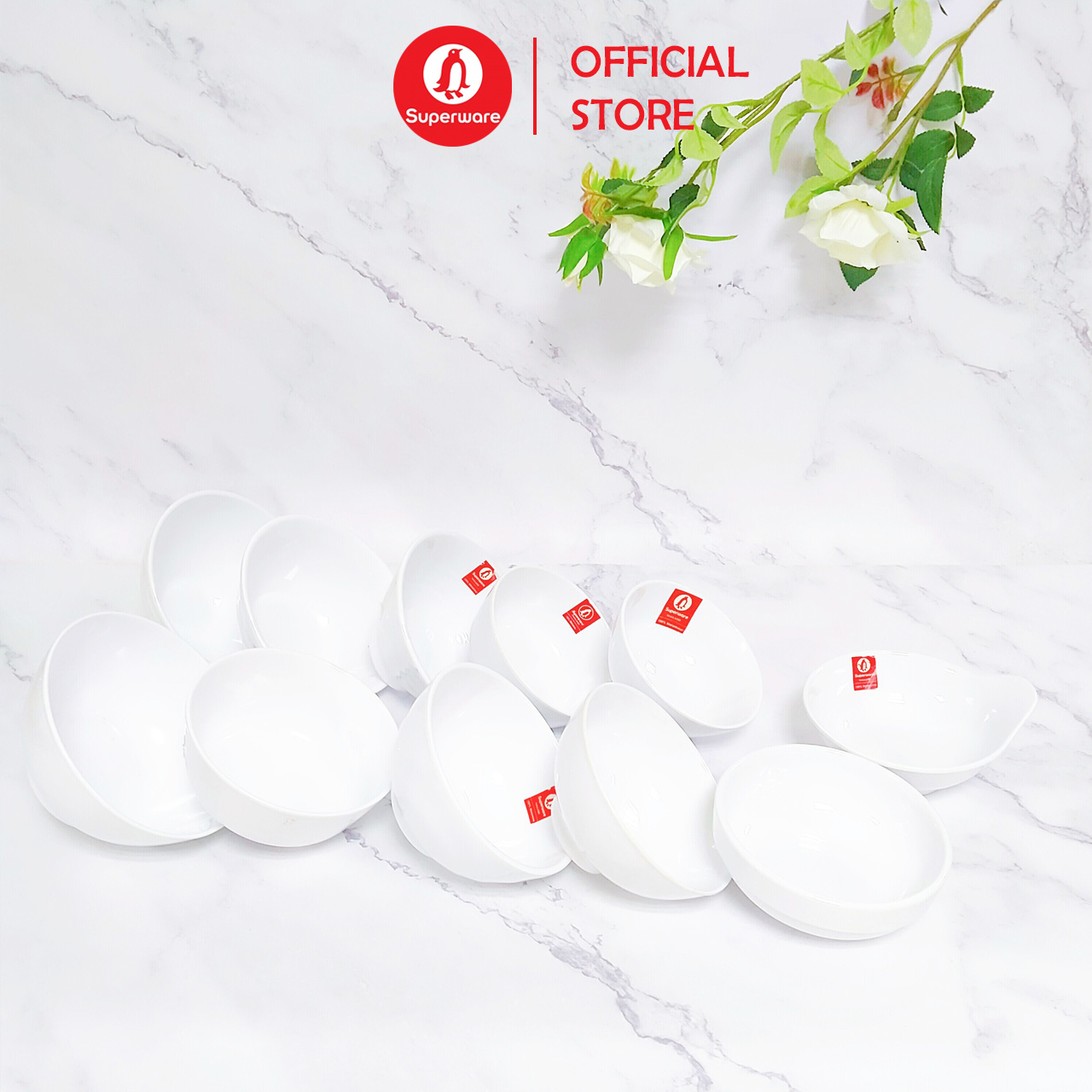 Bộ chén bát ăn cơm SUPERWARE Nhựa phíp 100% Melamine Trắng