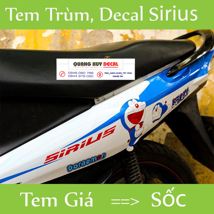 Tem trùm sirius Fi xanh trắng doremon, team dán xe máy sirius, team trùm sirius, team trùm sirius, tem xe sirius, tem trùm sirius, tem xe sirius Fi xanh trắng doremon