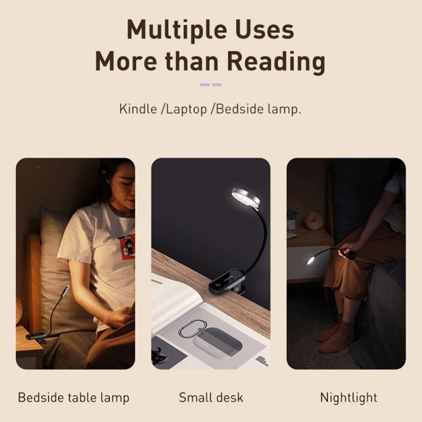 Đèn kẹp đọc sách Baseus Comfort Reading Mini Clip Lamp (Dịu mắt, chân kẹp, 3 mức sáng, pin sạc 350mAh, 24h sử dụng) DGRAD-0G