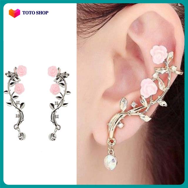 Bông Tai / Khuyên tai Hoa Hồng Cành Dài Kẹp Bông Tai Hợp Kim BSTKNu - [ToToShop]