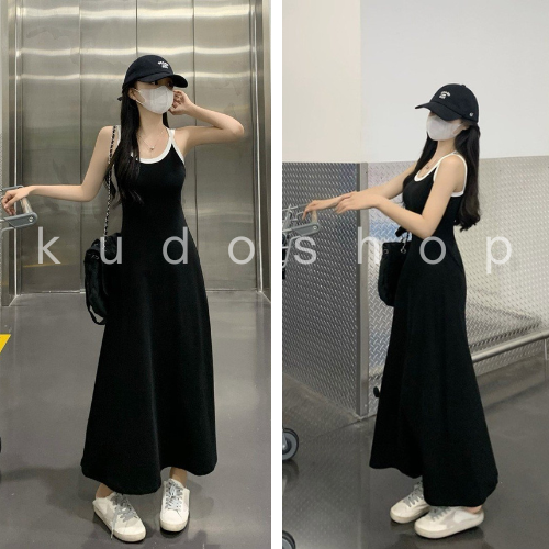 Váy body viền trắng 2 dây dáng dài phong cách ulzzang KUDOSHOP Đầm body ba lỗ dáng ôm màu đen gợi cảm trẻ trung cá tính