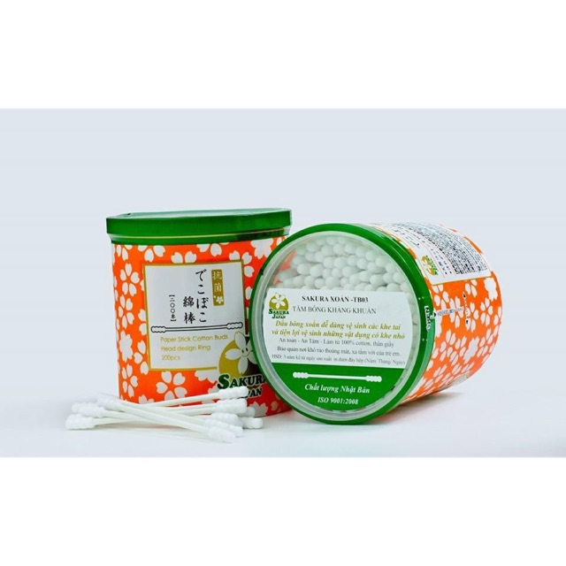 Tăm bông kháng khuẩn thân giấy Sakura (Tiêu chuẩn Nhật Bản) 2 đầu xoắn cho người lớn TB03 (Hộp 200 que)