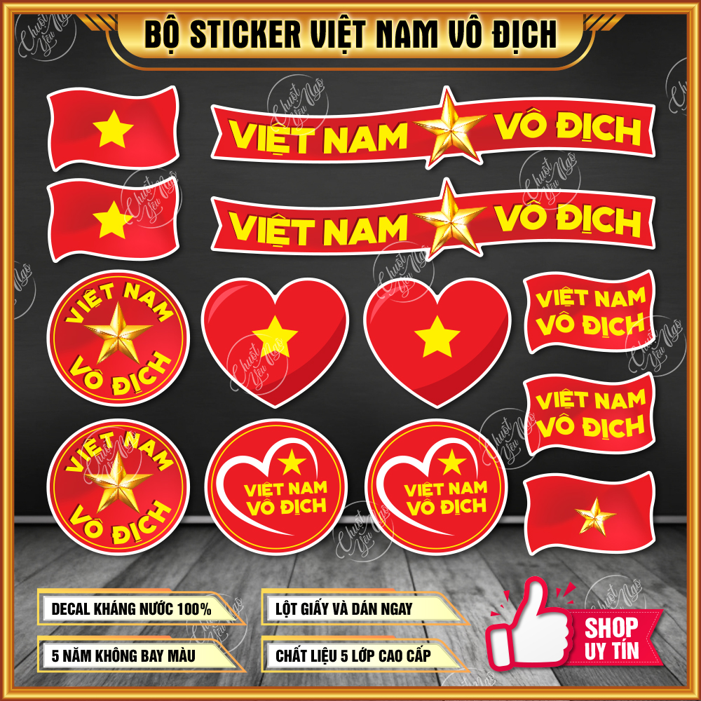 Bộ 13 sticker decal chống nước hình dán trái tim đỏ lá cờ đỏ sao vàng Việt Nam vô địch tôi yêu việt nam cổ động bóng đá