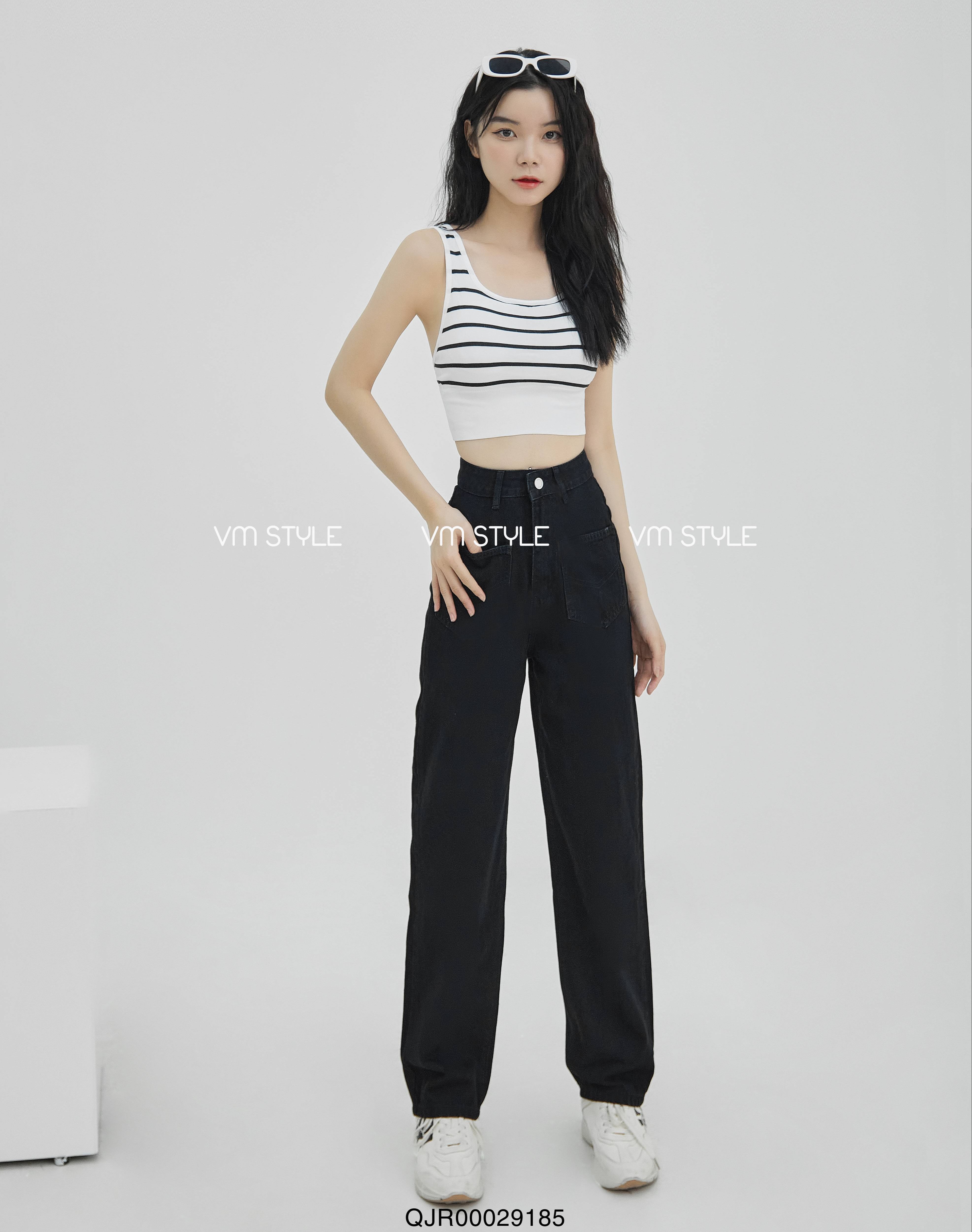 Quần jean ống rộng nữ VMSTYLE QJR00029 trơn lưng cao 2 túi hộp trước 265
