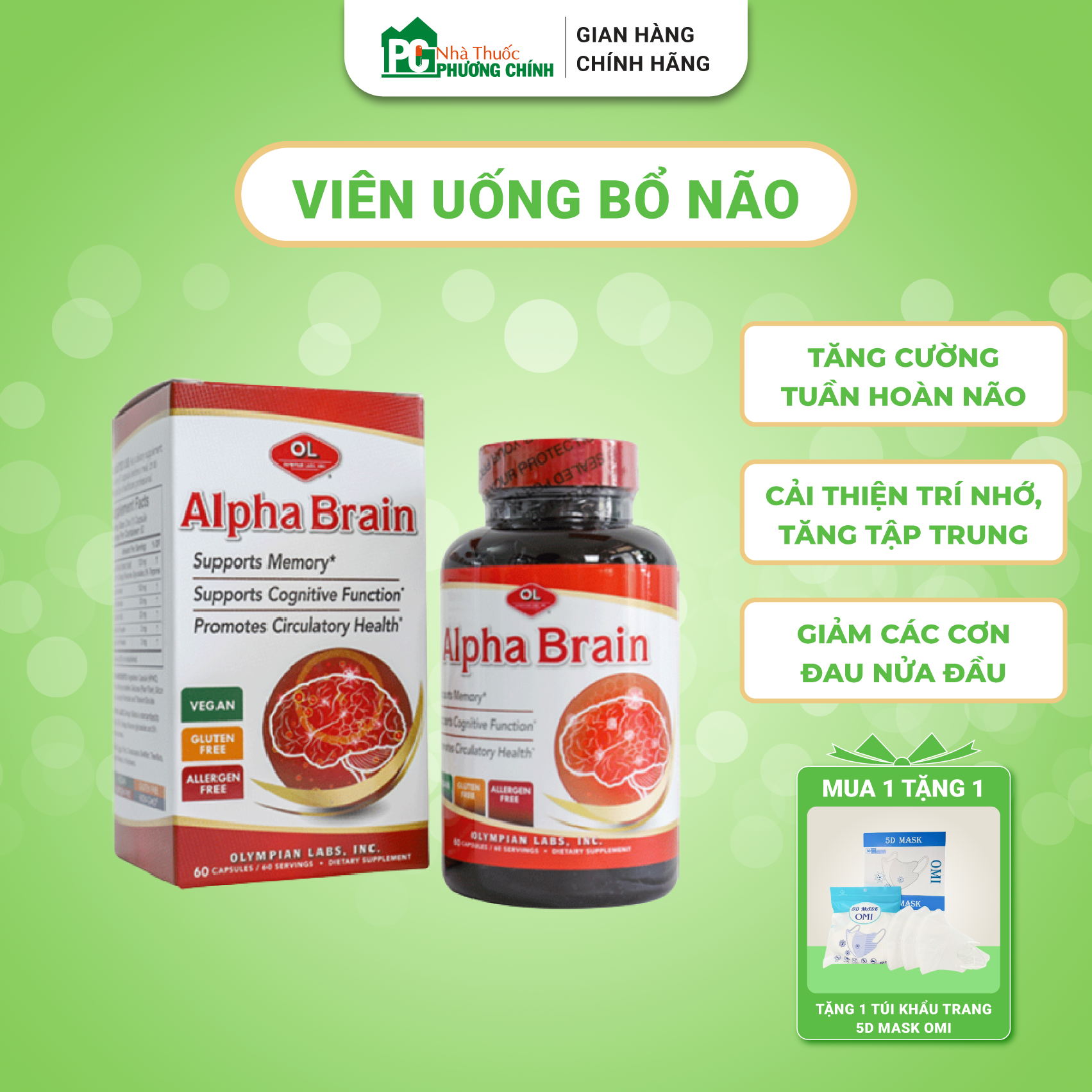 Viên uống bổ não alpha brain olympian labs - cải thiện trí nhớ tăng tuần hoàn máu não