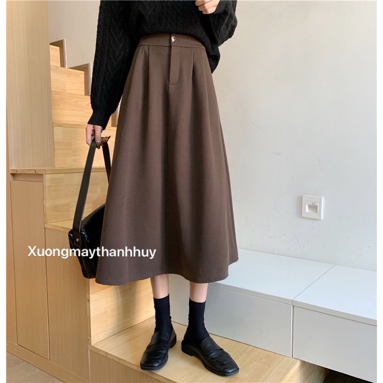 Chân váy dài qua gối lưng cao cúc giữa dáng xoè công sở msf-302