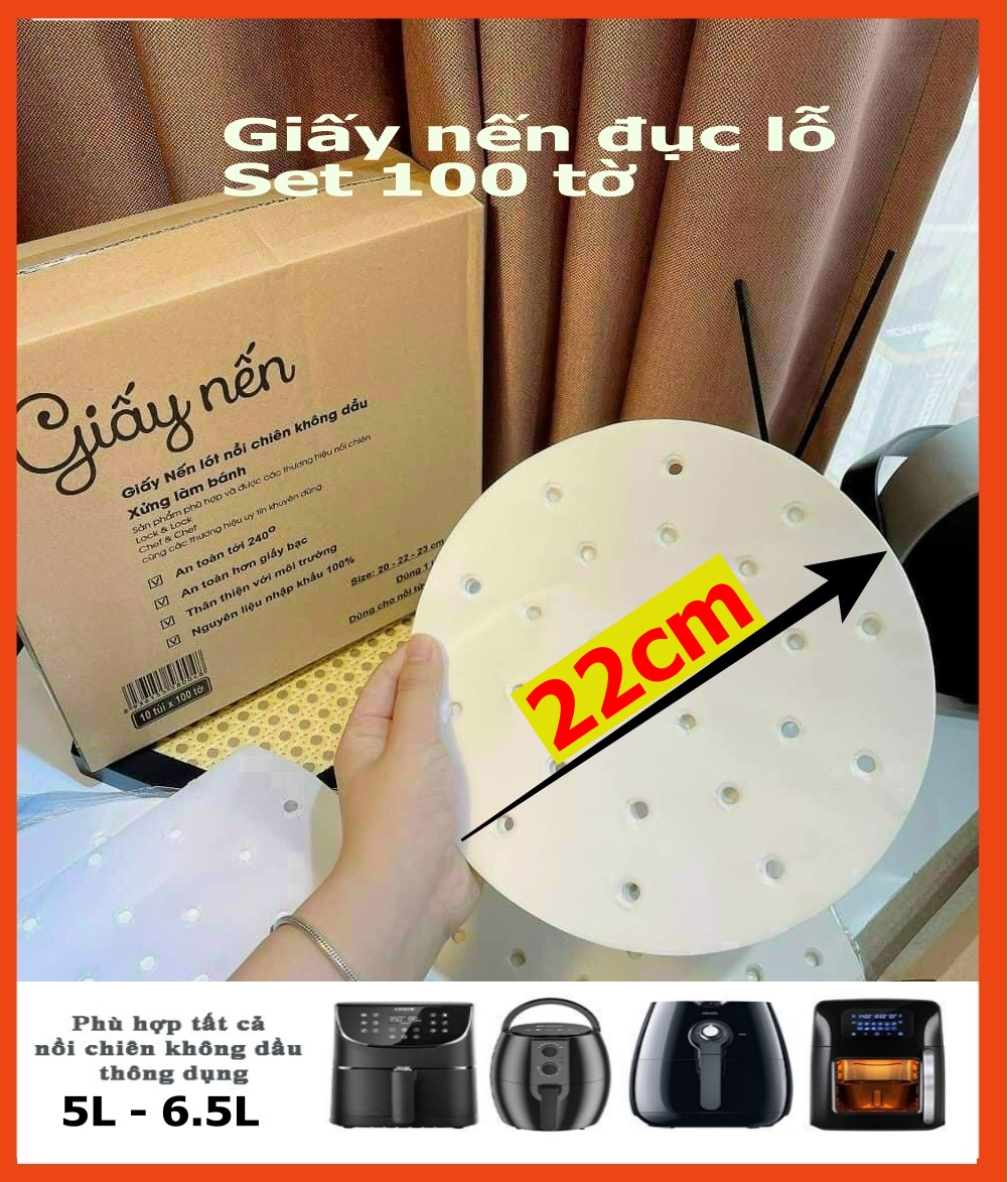 [HCM] Giấy nến tròn đục lỗ set 100 tờ - Giấy nến lót nồi chiên không dầu đường kính 22 cm, giấy làm bánh, giấy nến tròn lót xửng hấp, nồi chiên không dầu, hấp bánh bao