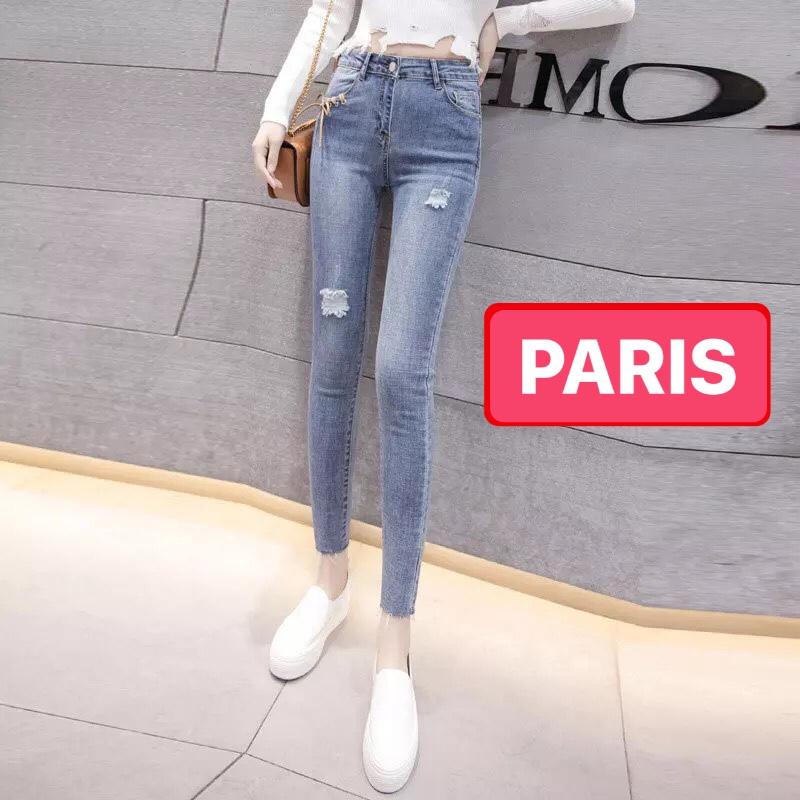 QUẦN JEAN NỮ CHẤT BÒ XANH WASH RÁCH 1 ĐÙI LƯNG CAO NÂNG MÔNG HÀN QUỐC PR-86 CAO CẤP - PARIS FASHION