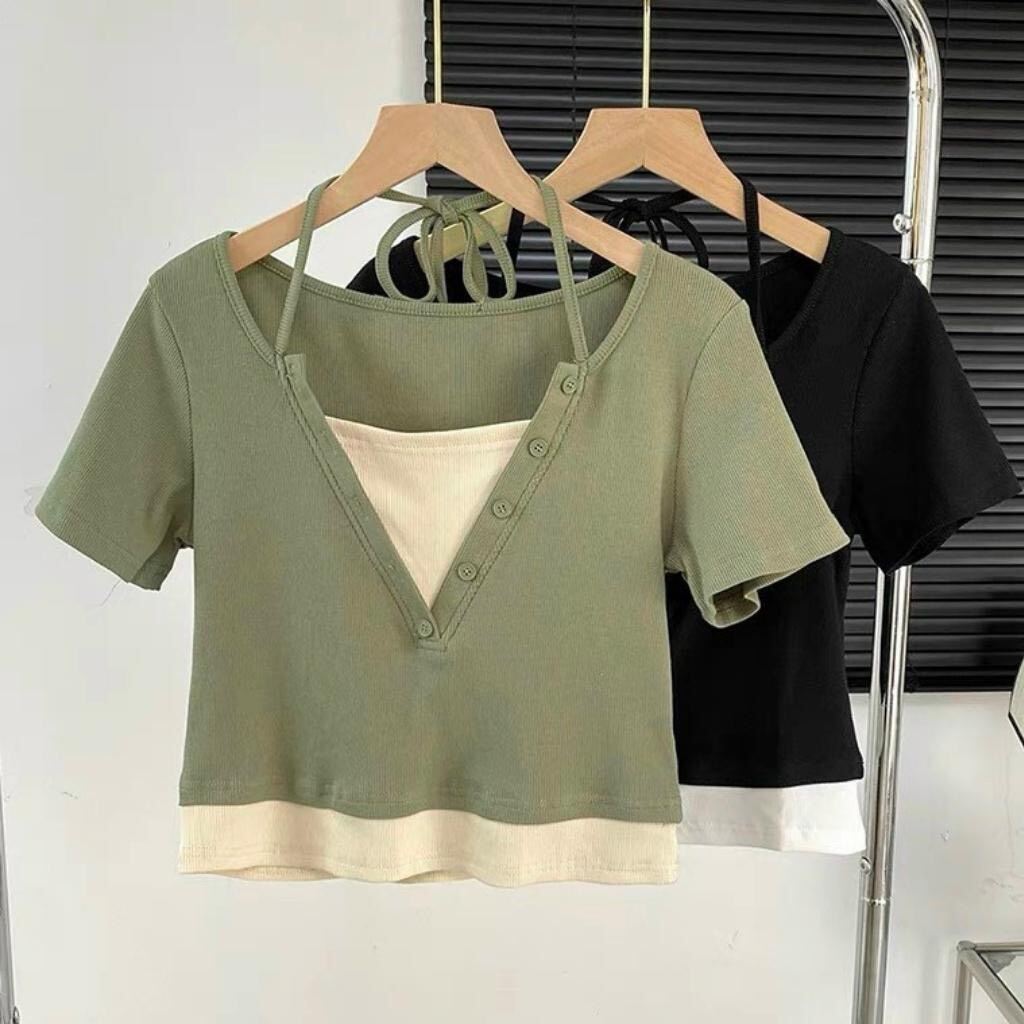 Áo croptop gân tay ngắn giả yếm