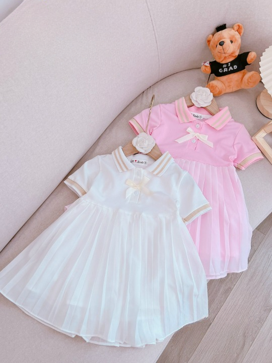 Váy bé gái xếp li 2 lớp nơ