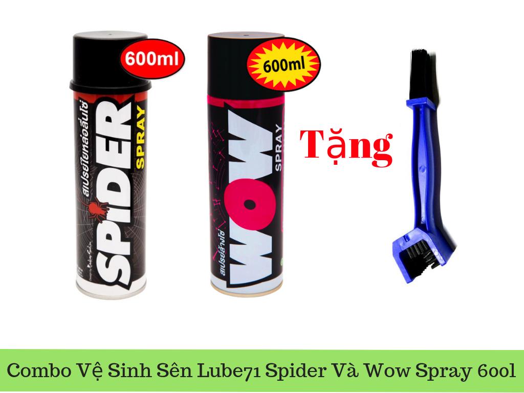 Bộ vệ sinh sên Lube71 Spider và Wow Spray 600ml hàng nhập Thái Lan, làm sạch và bôi trơn sên xe máy, giúp gia tăng tuổi thọ và tránh hao mòn + Tặng bàn chải sên