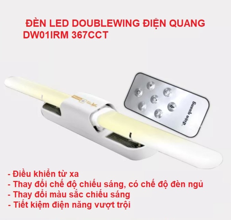 BỘ ĐÈN LED THÔNG MINH ĐIỆN QUANG ĐQ LED DW01IRM 367CCT, có thể điều chỉnh độ sáng & nhiệt độ màu bằng điều khiển từ xa remote, Doublewing SMART cực sáng tiết kiệm điện, thiết bị chiếu treo tường cao cấp xịn tốt chính hãng