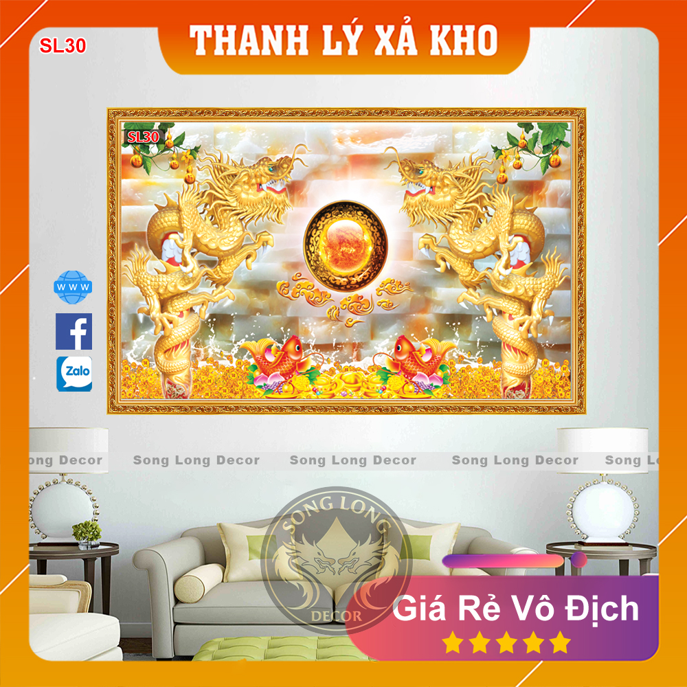 Tranh Dán Tường Cá Chép Hóa Rồng- SL30-Tranh 3d Phong Thủy - Song Long Decor