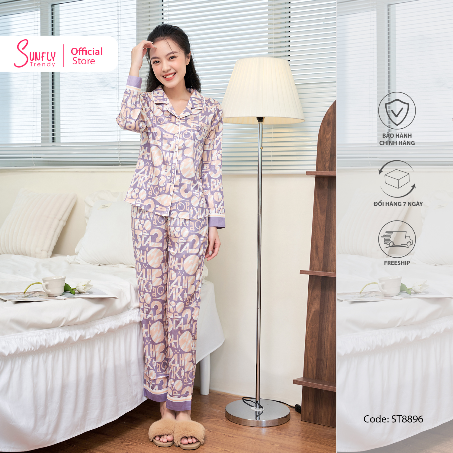[VOUCHER ĐỘC QUYỀN 15.1 - GIẢM 15% TỐI ĐA 100K]Bộ Đồ Mặc Nhà Nữ Pyjamas Lụa Vân Gỗ SUNFLY Áo Tay Dài Quần Dài ST8896