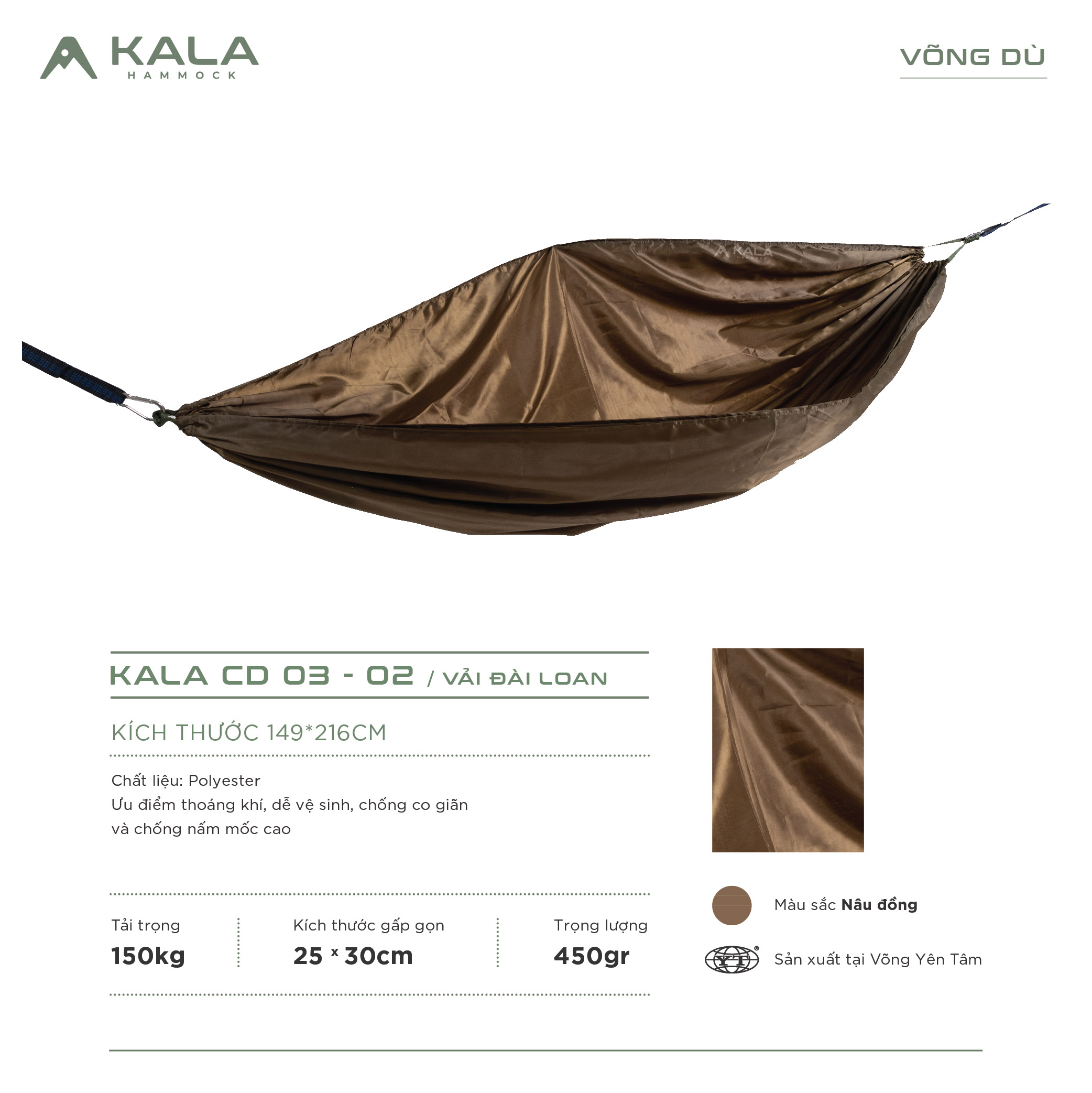 Võng dù polyester trơn 2 LỚP tặng 5m dây