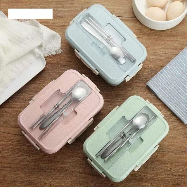 Hộp Đựng Cơm Lúa Mạch 3 Ngăn Kèm Thìa Đũa