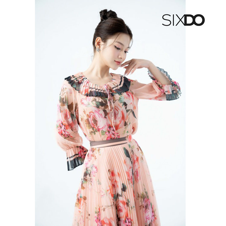 Chân váy hoa xếp ly midi thời trang SIXDO (Orangish-pink Rose Pleated Midi Voile Skirt)