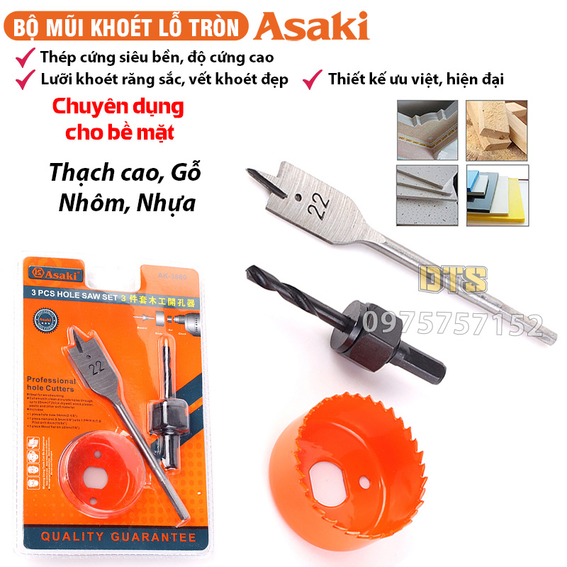 Bộ mũi khoan khoét lỗ tròn thạch cao gỗ hãng Asaki Ø19-127mm, bộ khoét lỗ trần thạch cao, khoét lỗ thùng loa, khoét gỗ, nhựa, hợp kim, bộ công cụ khoét lỗ ống nhựa PVC/PPR, răng sắc nhọn, vết khoét đẹp, khoét lỗ gỗ