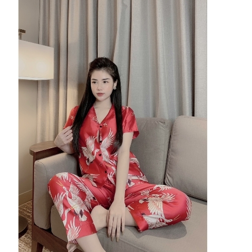 Bộ Pizama lụa Satin - 💖Bộ lụa họa tiết con hạc tay Cộc - Quần Dài