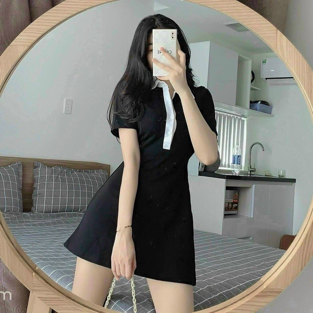 Váy bozip cổ phối trắng tôn dáng siêu xinh