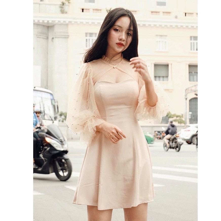 Đầm dự tiệc trắng tay phồng kết hạt siêu xinh