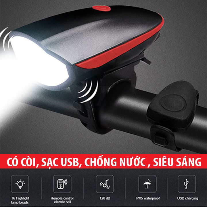 Đèn xe đạp siêu sáng có còi pin sạc usb led T6 cao cấp chống nước thể thao