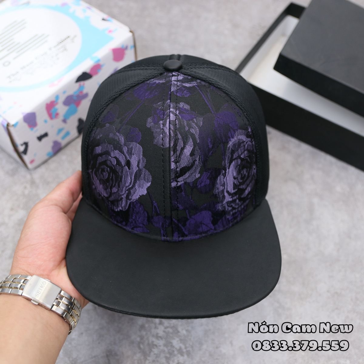 Mũ nón cam mũ snapback vải thêu hoa hồng tím độc đáo