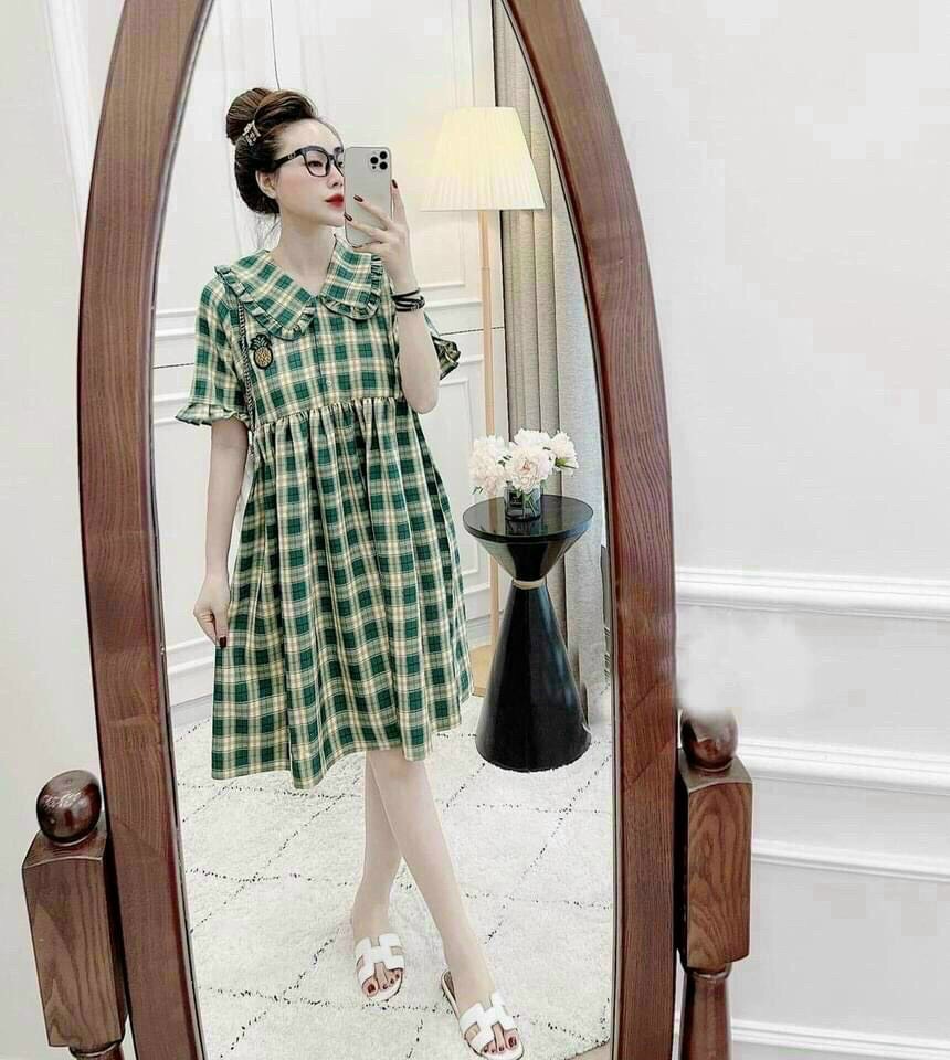 Đầm babydoll caro tay ngắn cổ sen cực xinh
