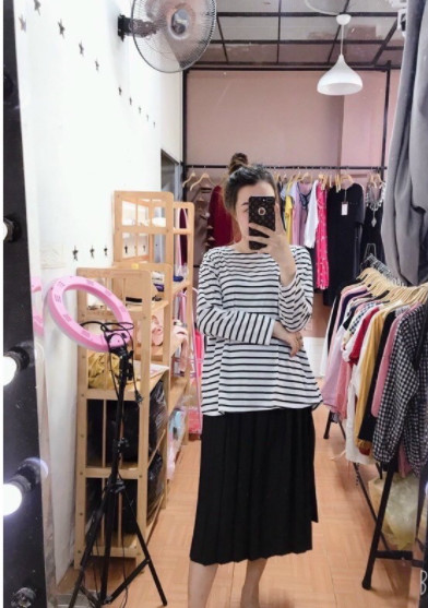 Chân váy bầu midi xếp ly lụa gân Thượng Hải - Đồ Bầu Xinh