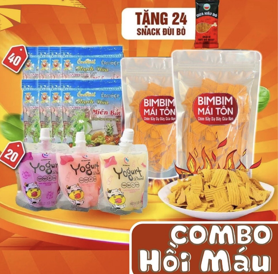 Combo hồi máu bim bim mái tôn + 40 gói thạch dừa + 20 gói sữa yogurt + 24