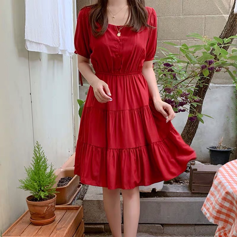 Đầm voan xòe bo eo phối nút đơn giản TTSA0144