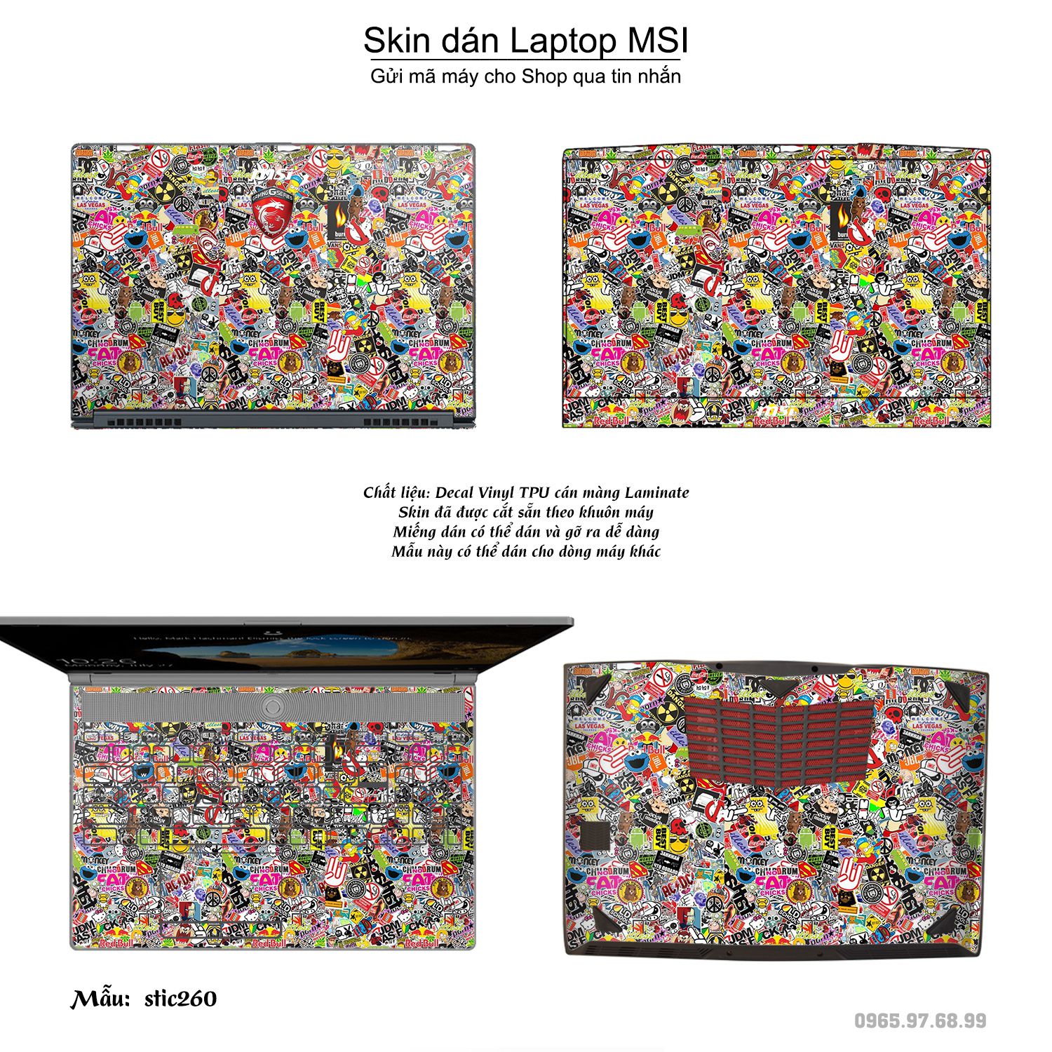 Decal Skin dán Laptop MSI mẫu sticker bomb (inbox mã máy cho shop)