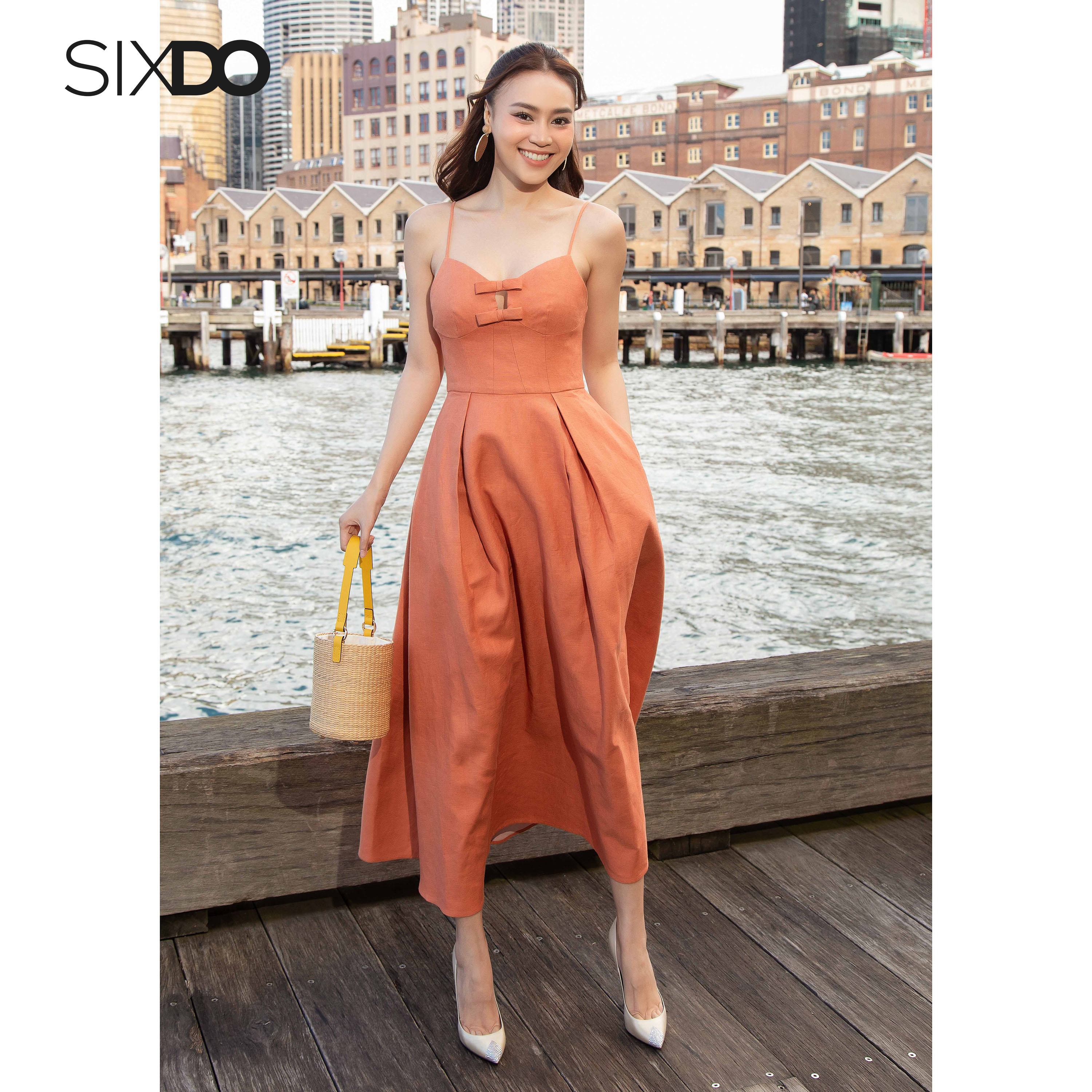 Đầm linen hai dây phối nơ ngực SIXDO (Salmon Strappy Midi Linen Dress)