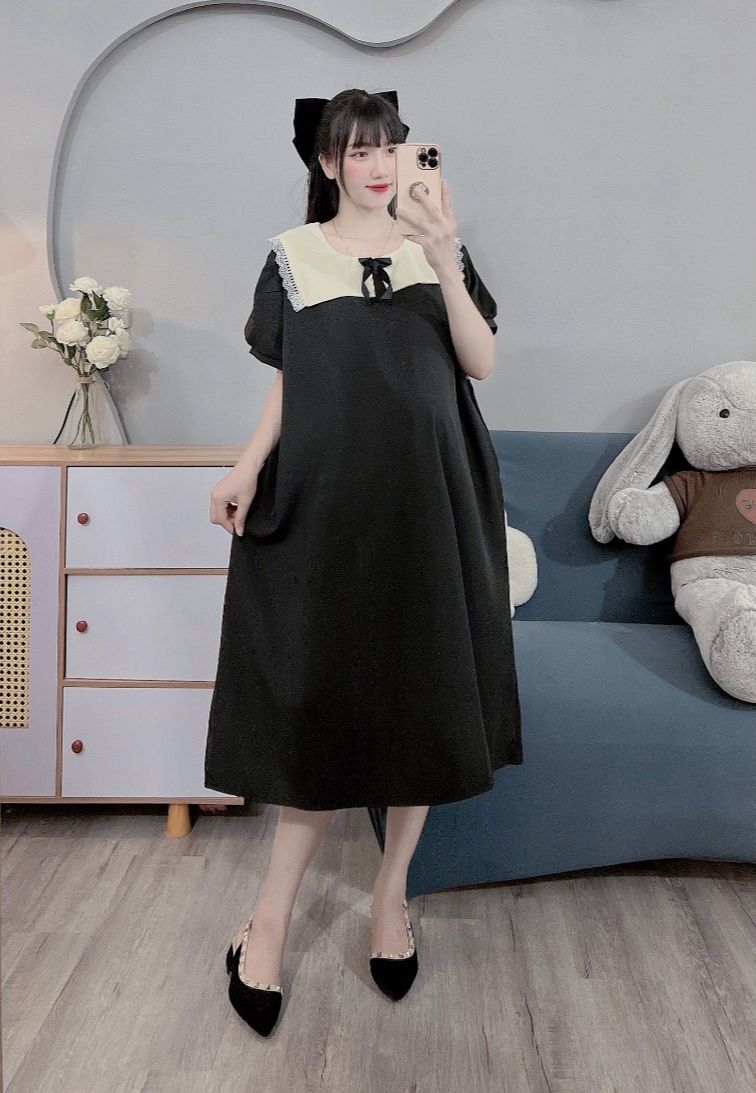 Váy bầu bigsize đến 100kg dáng công sở phối nơ cổ
