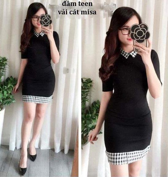 Đầm dáng ôm cổ sơ mi phối sọc Caro