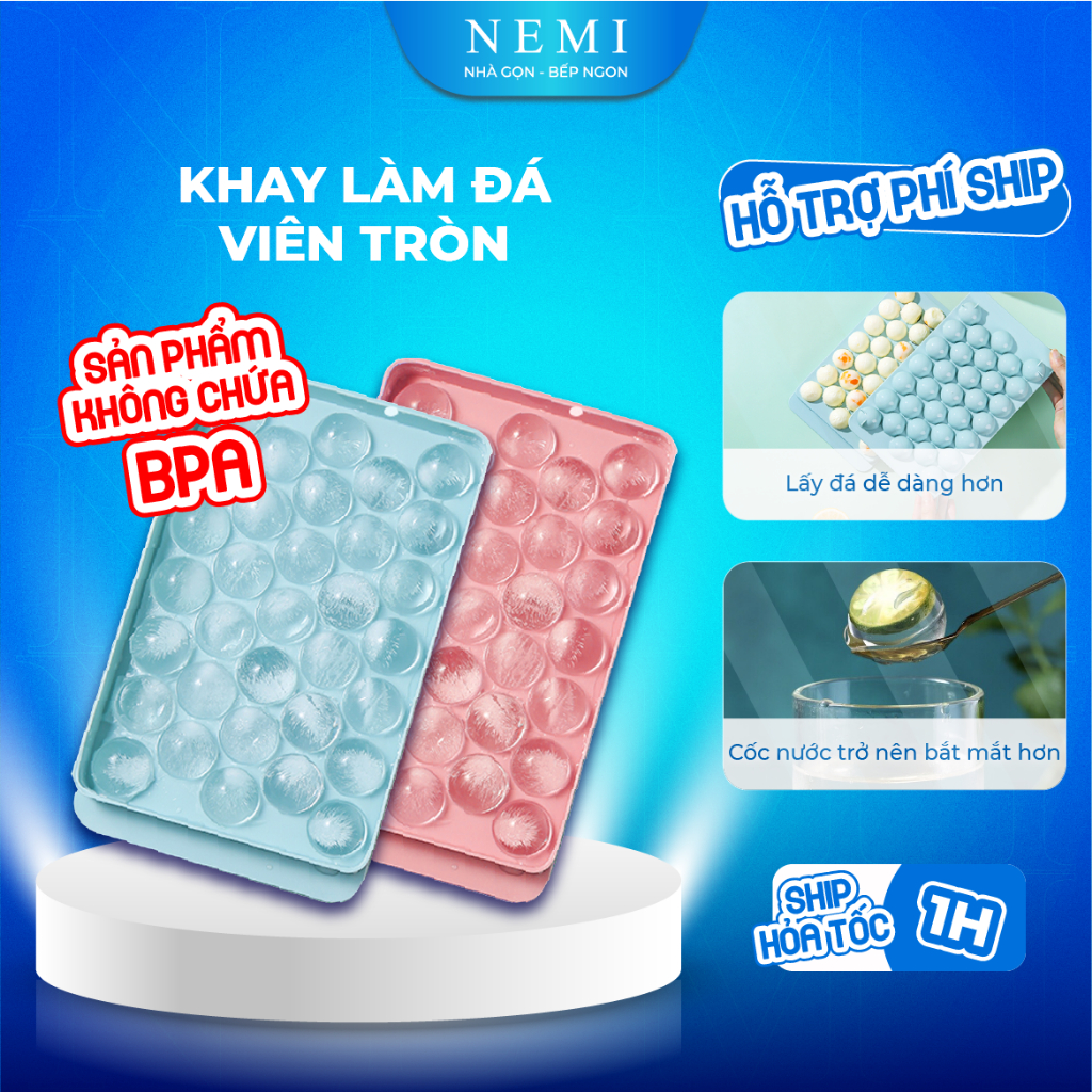 Khay Làm Đá Silicon 33 Viên Tròn To Có Khuôn Có Nắp Đậy Thông Minh Chất Liệu Nhựa PP An Toàn