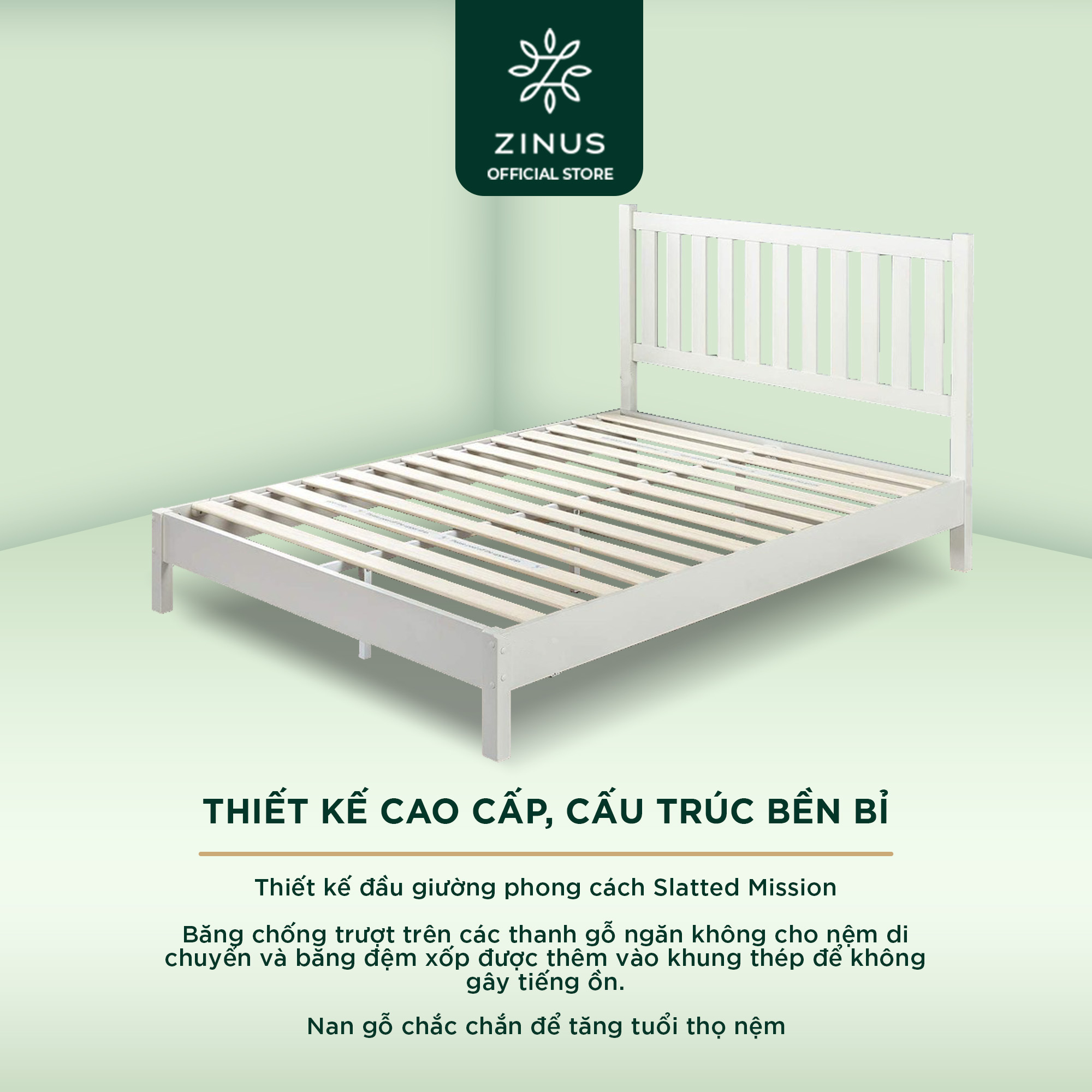 Giường Gỗ Trắng cao 30cm Zinus – 12in Deluxe Solid Wood Platform Bed