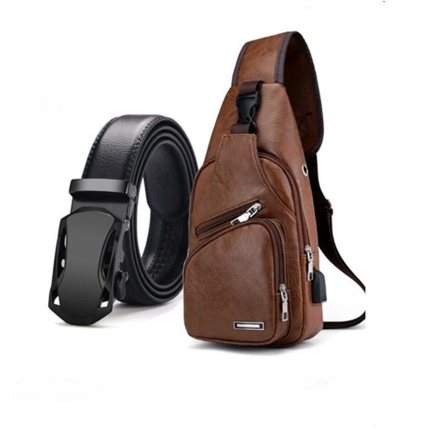 Combo Túi da đeo chéo DC194 Thắt Lưng da nam MG01 đen