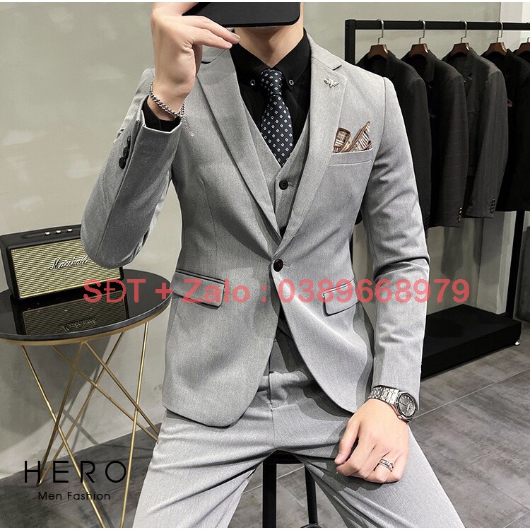 Bộ vest nam cao cấp màu ghi xám chất vải dày dặn, bộ suit nam hàn quốc màu ghi xám