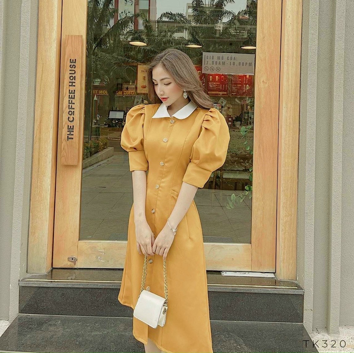 Đầm váy cổ trắng tay phồng 2 màu