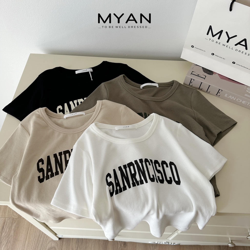 Áo thun tăm nữ myan thiết kế cổ tròn in chữ basic "sanrncisco" freesize a022320