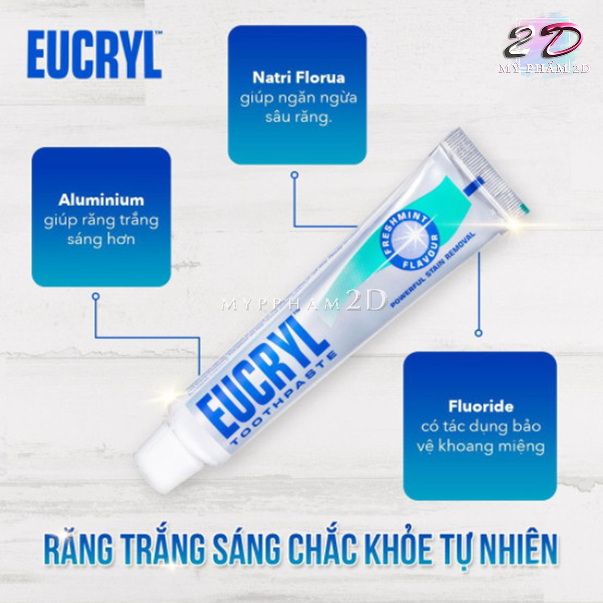 2in1 Kem đánh răng / Bột trắng răng EUCRYL trắng sáng, thơm miệng - Anh Quốc (Có dán tem phụ)