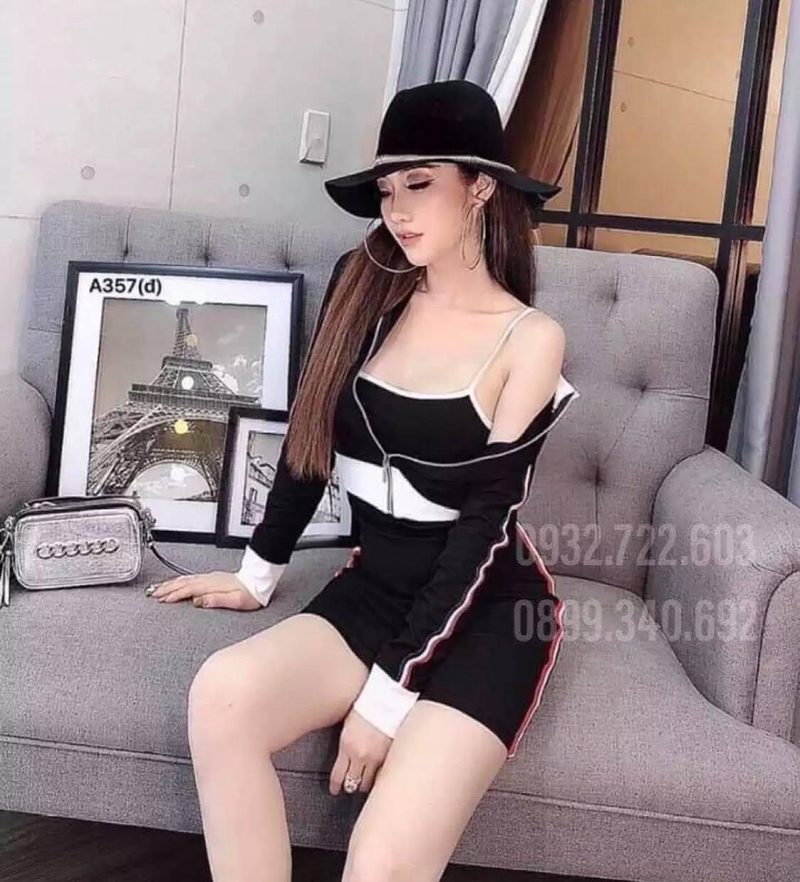 Set áo khoác và đầm body 2 dây hình thật