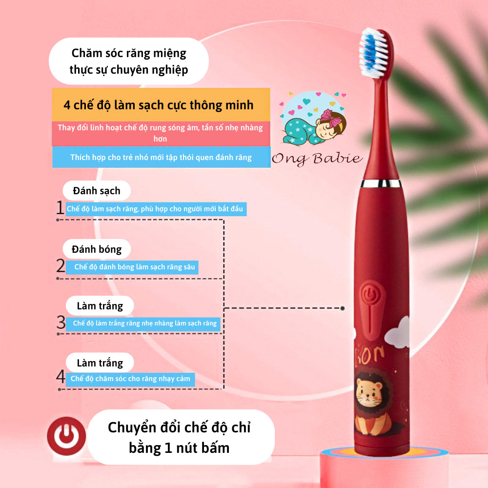 Bàn chải đánh răng điện trẻ em. Chính hãng SONIC - 4 chế độ tự động dánh sạch răng. Tặng kèm 6 đầu bàn chải