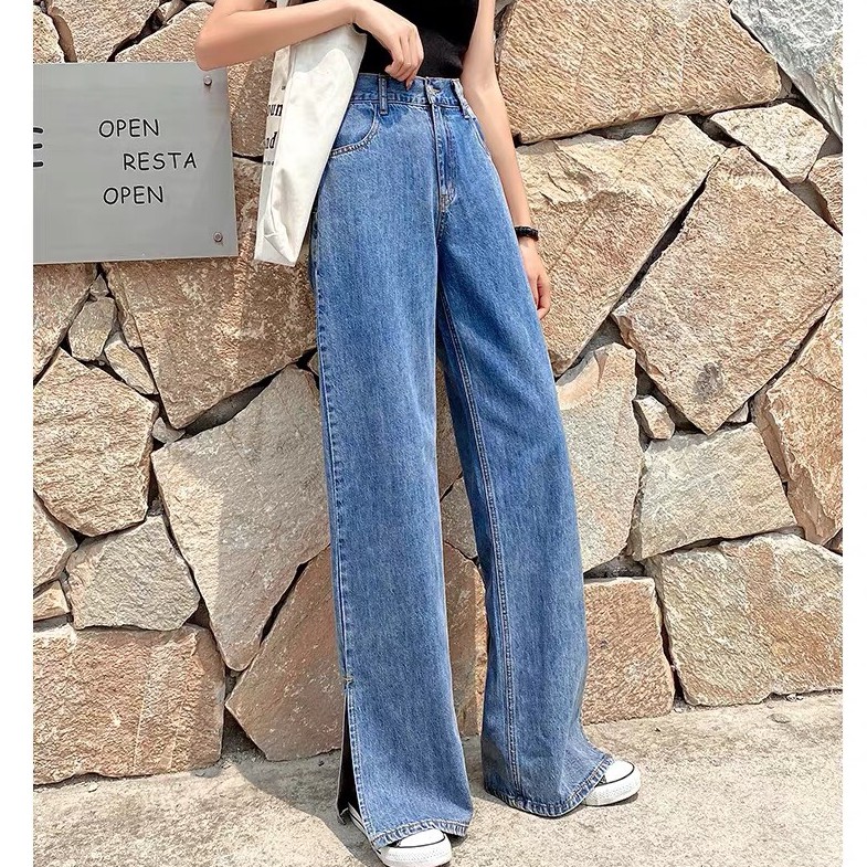 Quần Jeans Cạp Cao Ống Rộng Xẻ Gấu_J6